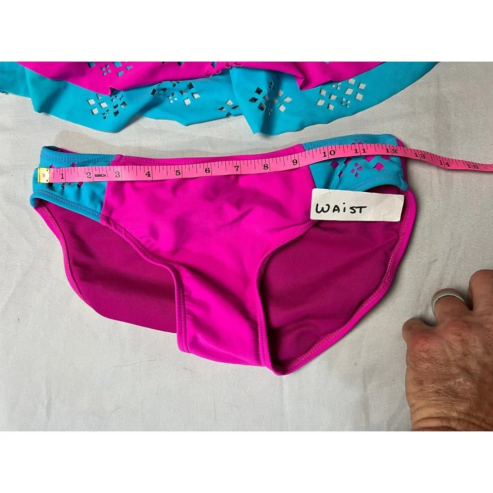 Total Tropics Girls Pink Turquoise Laser Cut Ruffle Bikini Swimsuit Set Size 12